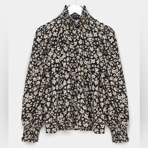 FRNCH Paris Cihem Black Floral Puff Long Sleeve Ruffle Neck Blouse Top Small S